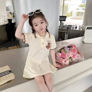 1-9 ปี ชุดกระโปรงเด็กผู้หญิง ชุดเดรสโปโล ลายหมี แฟชั่นฤดูร้อน สไตล์เกาหลี สําหรับเด็กผู้หญิง