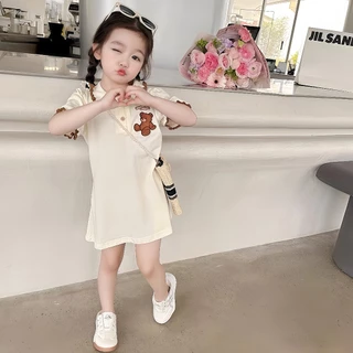 1-9 ปี ชุดกระโปรงเด็กผู้หญิง ชุดเดรสโปโล ลายหมี แฟชั่นฤดูร้อน สไตล์เกาหลี สําหรับเด็กผู้หญิง