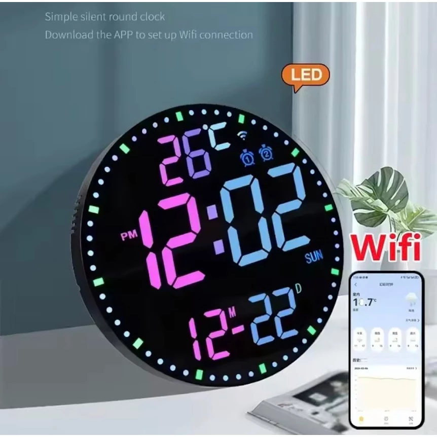 Tuya สมาร์ท Wifi สีสัน LED นาฬิกาดิจิตอลขนาดใหญ่อุณหภูมิวันที่สัปดาห์ Dual นาฬิกาปลุกดิจิตอล12/24 h HomeDecor ระยะไกล
