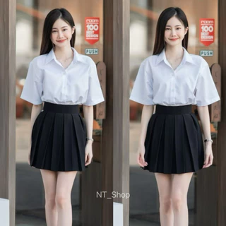 ️กระโปรงพลีทเอวมีขอบ\กระนักศึกษาพลีท(จีบใหญ/จีบทวิส)”ยาว16-18-20”[ผ้านาโน]สีดำ
