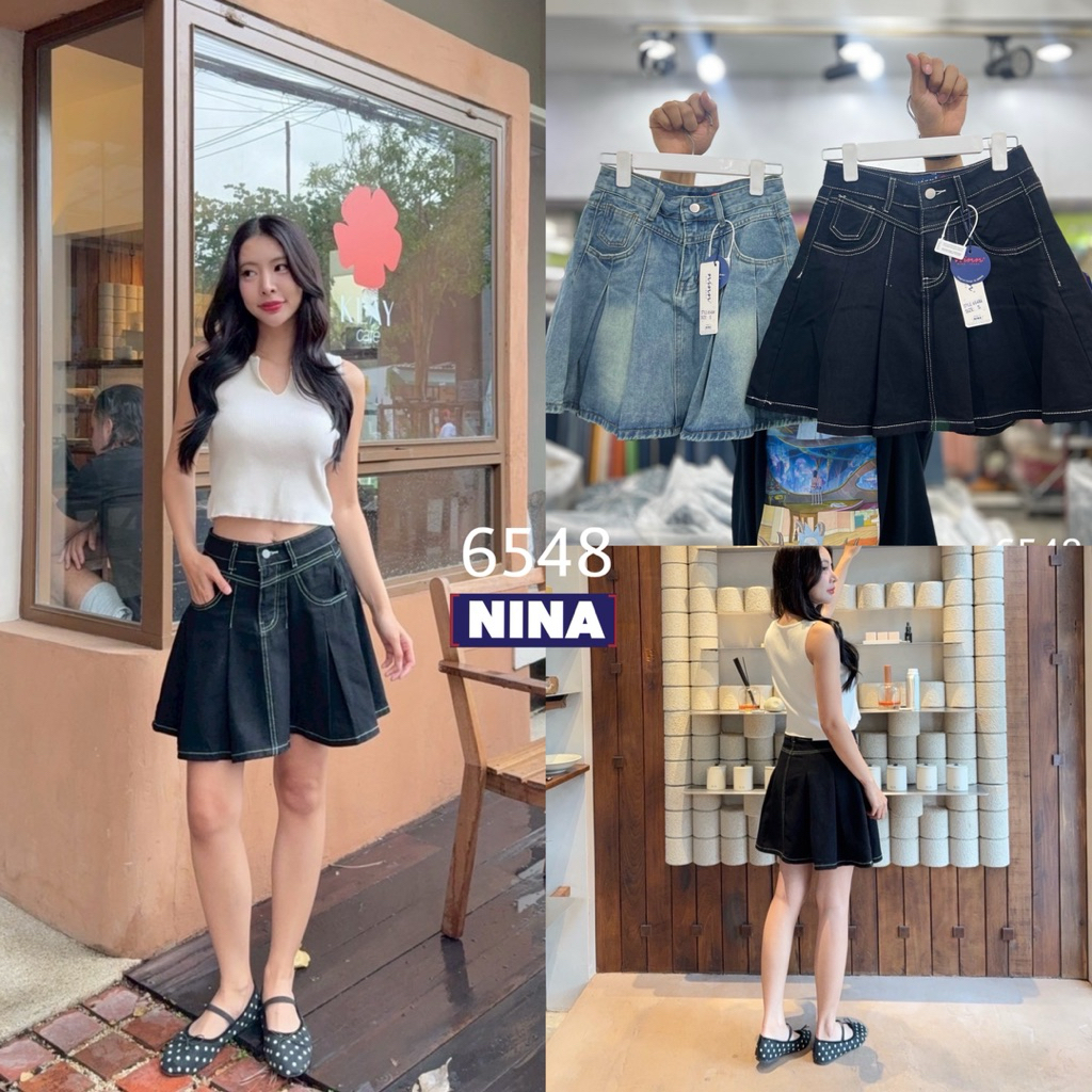 🌈𝑵𝒊𝒏𝒂.𝒋𝒆𝒂𝒏𝒔 #6548 กระโปรงยีนส์สั้นพลีทจีบรอบตัวน่ารักๆ ผ้าไม่ยืด ด้านในซับกางเกง