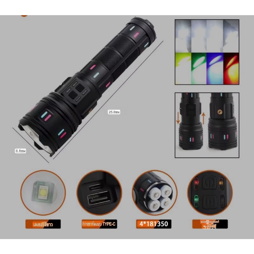 ไฟฉายพกพาสีเรืองแสง AK177-1 /AK177 มี2รุ่น ซูม Rower Vank 3000M แบตเตอรี่ 18650 4 ก้อน ชาร์จ Type-C