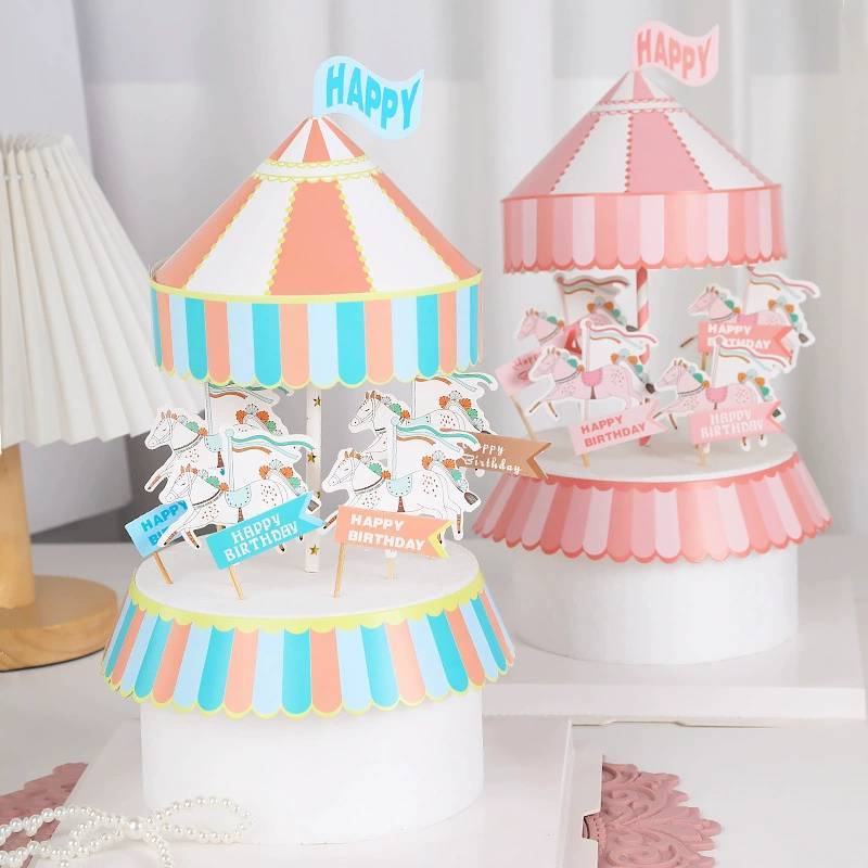 ชุดแต่งเค้ก ม้าหมุน ของเล่น ม้าหมุนกระดาษน่ารัก สีฟ้า สีชมพู