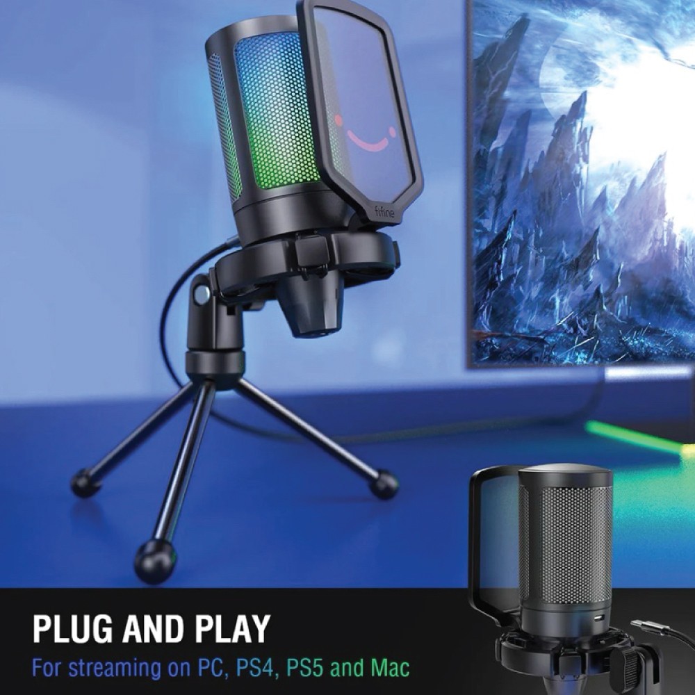 FIFINE A6V USB Mic w/ Tripod Stand RGB ไมค์สำหรับ Streaming