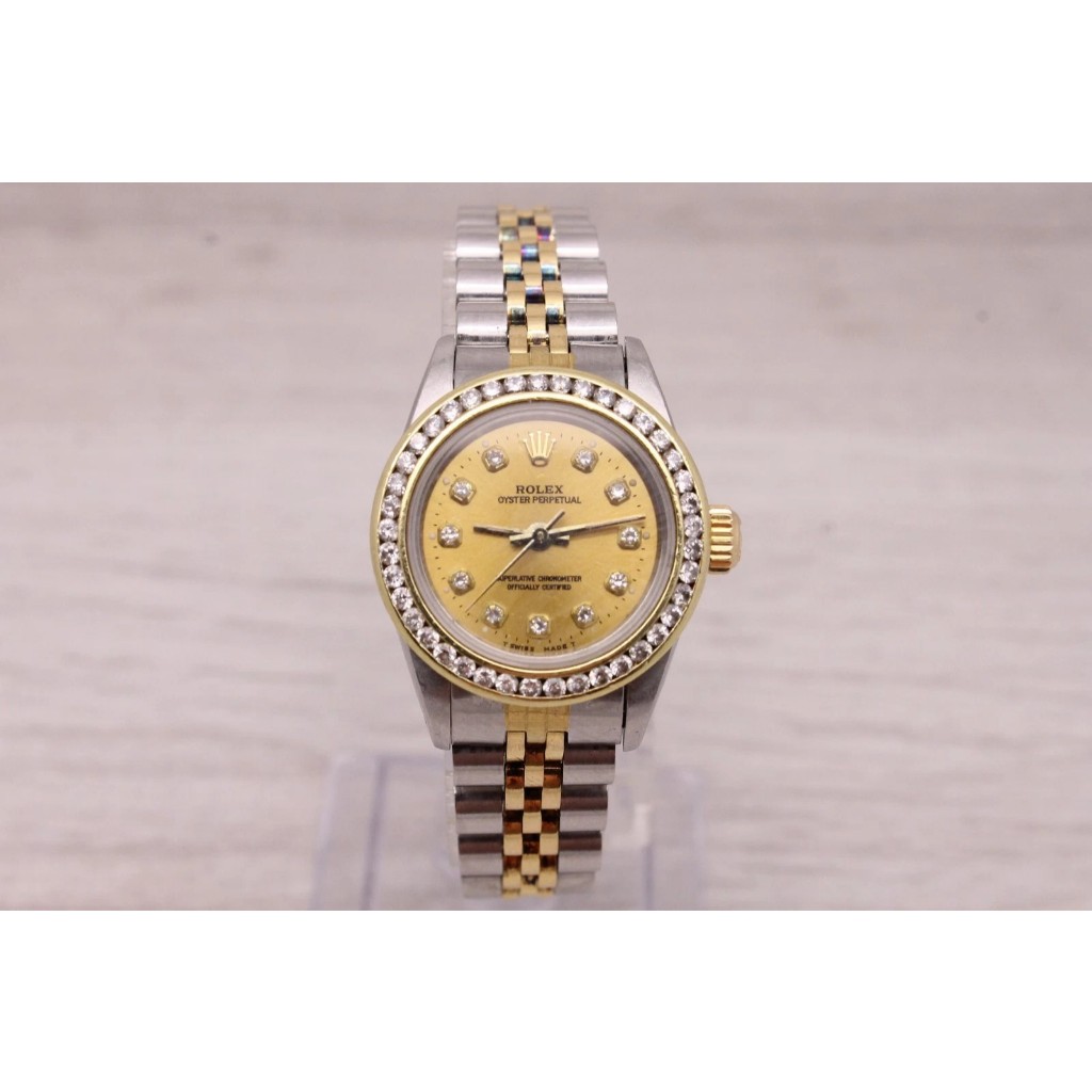 Rolex Oyster Perpetual Ladies 26mm Watch Custom Diamond Bezel Dial Vintage 1989