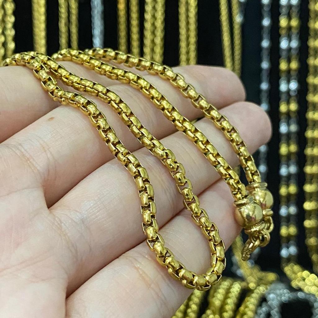 สร้อยสเเตนเลสทองเลเซอร์ 22k ลายผ่าหวายแต่งหัวตุ้ม ไม่ลอกดำ หนา 3.5 มิล ยาว 16-28 นิ้ว