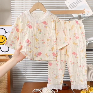 80-130พร้อมสต็อกเด็กเวลาผ้าฝ้ายเสื้อผ้าบ้านลูกไม้เครื่องปรับอากาศเสื้อผ้าหญิงเด็กชุดลําลองชุดนอนแฟชั่นเด็กเสื้อผ้าอย่างร
