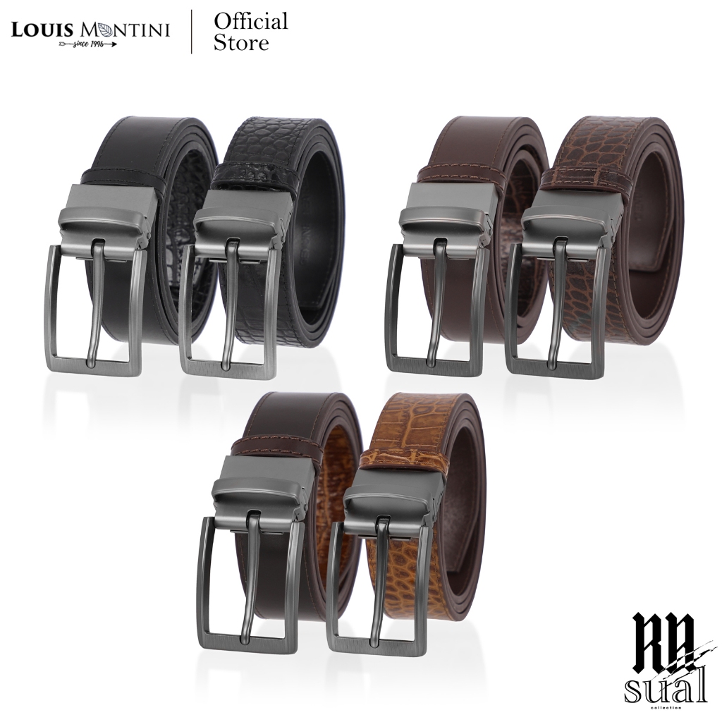 Louis Montini (Rasual Collection) เข็มขัดหนังวัวแท้ หัวกิ๊บหมุนได้ เข็มขัดผู้ชาย MGN245