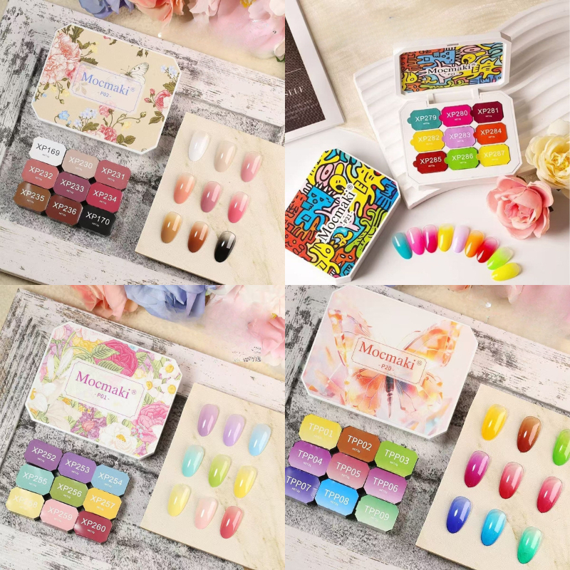 ชุดสีเพ้นท์เล็บแบบตลับ 9 ช่อง สามารถไล่สีได้ ออมเบรละมุนสีชัด มีให้เลือก 4 แบบ mocmaki