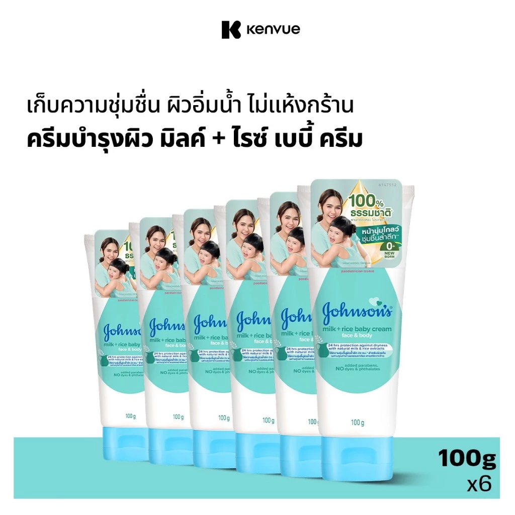 [แพ็ค6] Johnson's Baby จอห์นสัน เบบี้ ครีมบำรุงผิว มิลค์ +ไรซ์ 100 ก. Johnson's Baby Milk + Rice Cream 100 g.