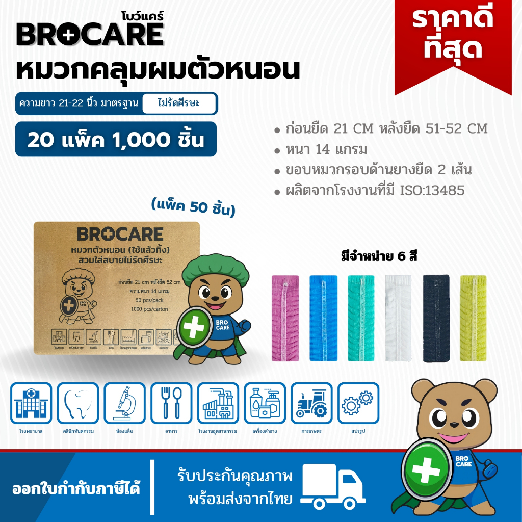 หมวกตัวหนอนใช้แล้วทิ้ง ยกลังใหญ่📦(1,000ชิ้น = 20 แพ็ค) แพ็ค 50ชิ้นสะอาด ปลอดภัย พร้อมส่งจากไทย
