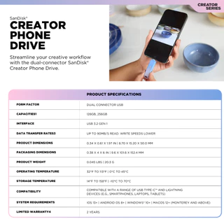 SanDisk Creator Phone Drive - 256GB , 128GB for iPhone , iPad Backup สำรองข้อมูล ( SDIXD0N ) 2Y