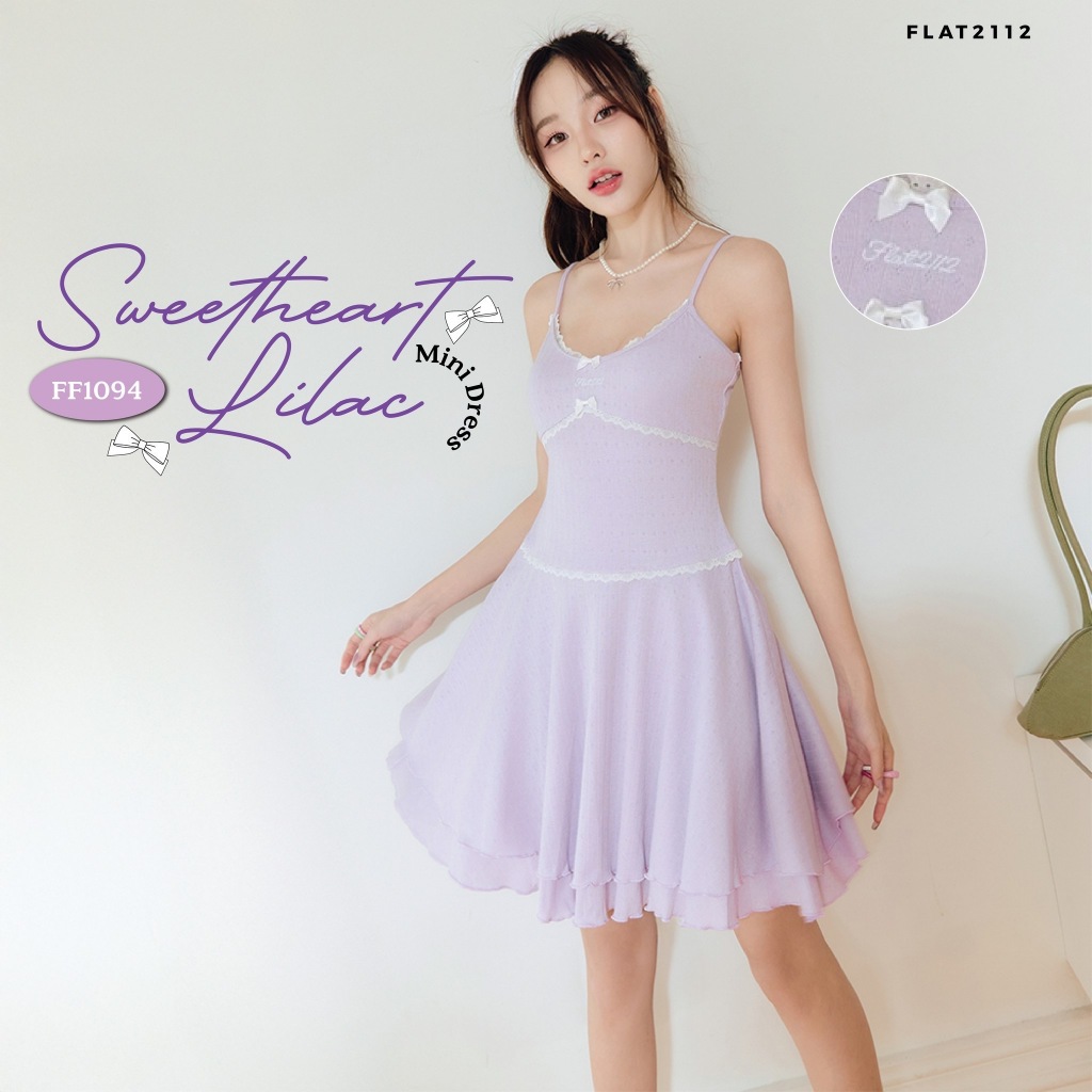 FLAT2112 FF1094 : SWEETHEART LILAC MINI DRESS มินิเดรสสั้น สายเดี่ยว เเขนกุด ชุดผู้หญิง แฟชั่นผู้หญิง