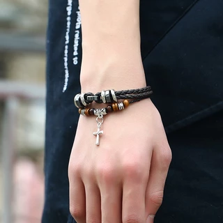 สร้อยข้อมือ กำไล ข้อมือ หนัง Multi-Layer Woven Leaf Pendant Men's Leather Bracelet Cross-Border