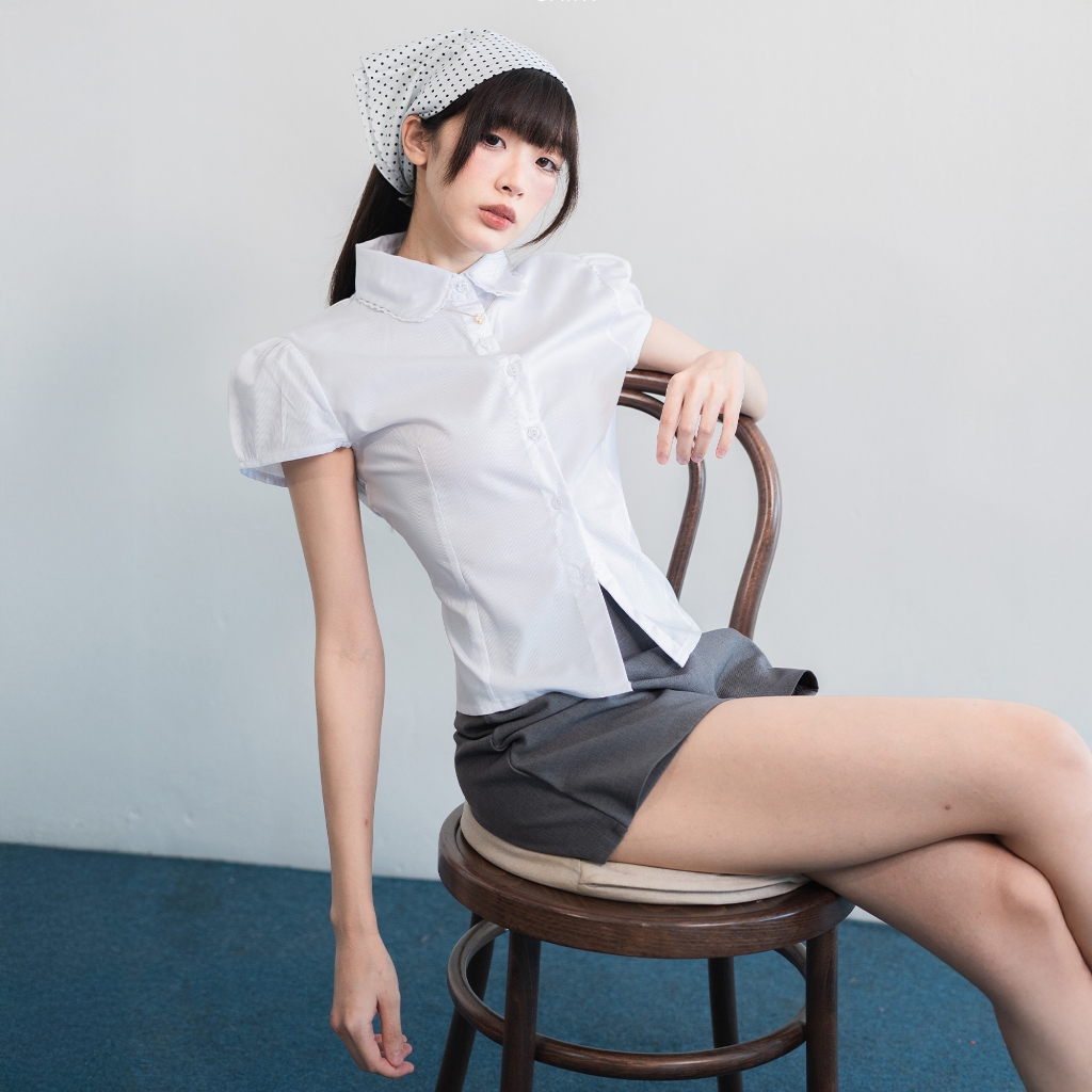 Neko_Sp083 เสื้อเชิ้ตคอบัว แขนตุ๊กตา ผูกหลัง ทรงเข้ารูป ลุคหวาน เรียบร้อย ใส่ทำงาน/ออกเดต - รูปที่ 2