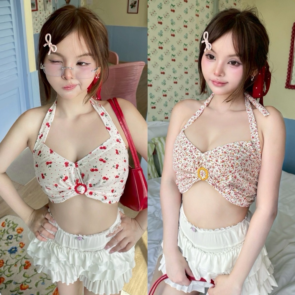 Petite♡︎ Neko top เสื้อเกาะอกคล้องคอ ตกแต่งเข็มกลัดดอกไม้ตรงอก ลายเชอร์รี่ และดอกไม้น่ารัก