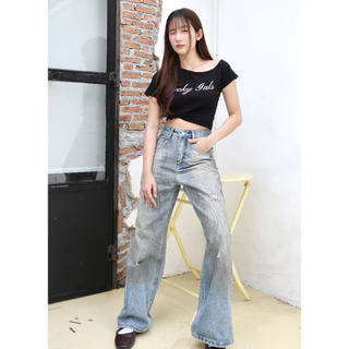JARINYA (S-2XL) กางเกงยีนส์ขายาวเอวสูง สีฟอกแต่งดีเทลเลอะ (JY1632)
