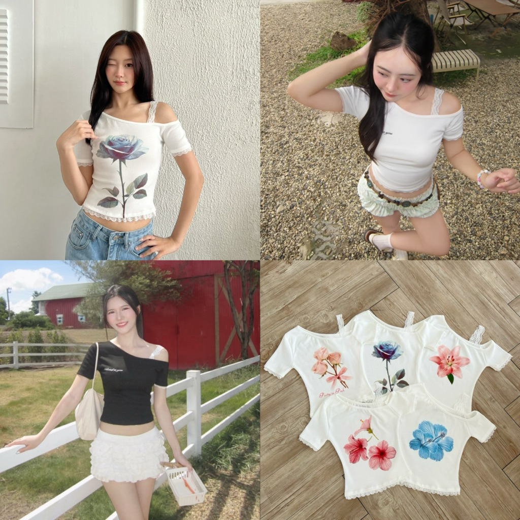 เสื้อแขนสั้นไหล่เบี่ยงรุ่นใหม่แต่งสายลูกไม้