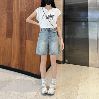 Swan shop กางเกงยีนส์แฟชั่นผู้หญิง ทรงหลวม ขาสั้นเอวสูง ดีไซน์มินิมอล ใส่แล้วหุ่นดี