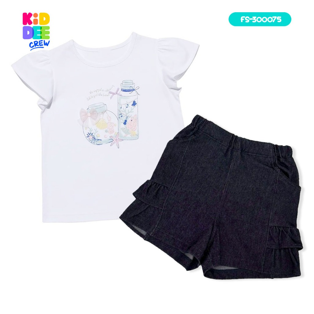 KiddeeCrew เสื้อเด็กผู้หญิง เสื้อยืดพิมพ์ลายกลิตเตอร์พร้อมเปลือกหอยและโน้ตดนตรีและกางเกงยีนส์