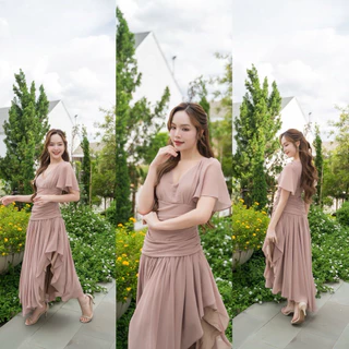 ชุดเดรส ชุดออกงาน ชุดราตรี FP064 เกรดพรีเมี่ยม ชุดชีฟอง แขนสั้นกระโปรงรูด