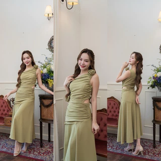 ชุดเดรส ชุดออกงาน ชุดราตรี FP065 เกรดพรีเมี่ยม ไหล่เบี่ยง เว้าเอว รูดๆทั้งตัว