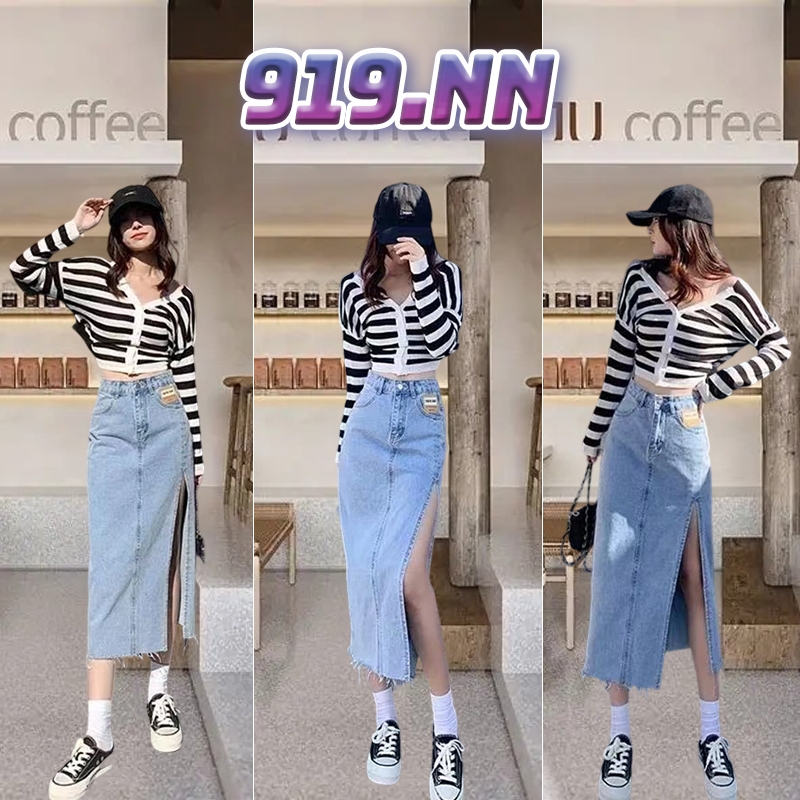 🔥919nn🔥กระโปรงยาว กระโปรงยีนส์ผ่าหน้า ทรงสวยใส่สบาย ทรงเอ ผ่าข้าง สําหรับผู้หญิง