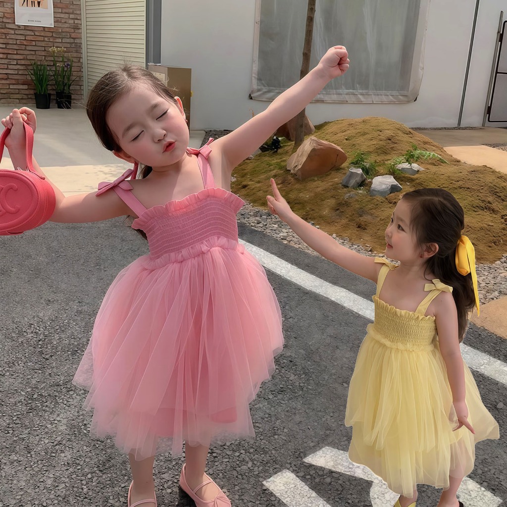 1-9 ปี ชุดเดรสลูกไม้เด็กผู้หญิงฤดูร้อน ชุดเจ้าหญิงแขนพองกระโปรงตาข่ายคุณภาพสูงสำหรับเด็กใหม่