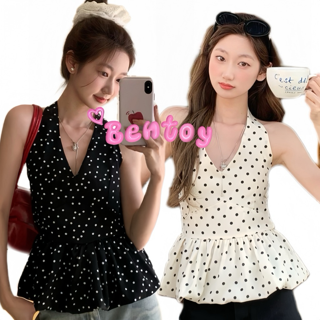 Bentoy(Q1061)เสื้อกล้ามแขนกุด สายห้อยคอ ลายจุด หน้าวี แต่งปลายระบายน่ารักมาก