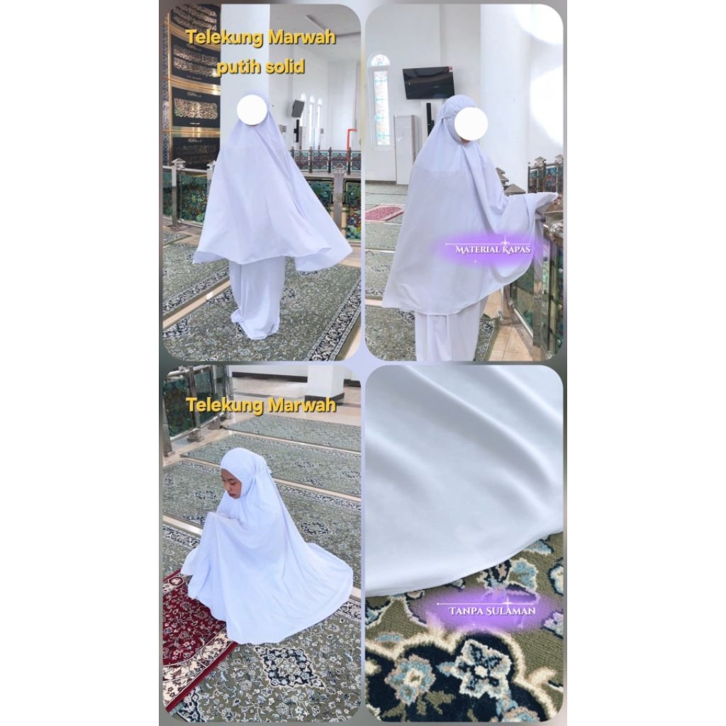 ชุดละหมาด Marwah telekung cotton premium ชุดละหมาดผู้ใหญ่ ขาวล้วนไม่มีลาย