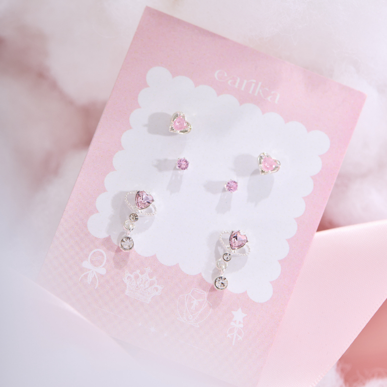 earika.earrings - punch crush crown set เซ็ตต่างหูหัวใจชมพู ก้านเงินแท้ชุบทองคำขาว เหมาะสำหรับคนแพ้ง่าย - รูปที่ 4
