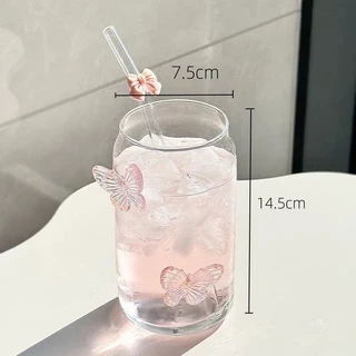 แก้วกาแฟ 300 ml ผีเสื้อ ทนความร้อน พร้อมหลอด วัสดุแก้ว สไตล์เกาหลี พร้อมส่ง