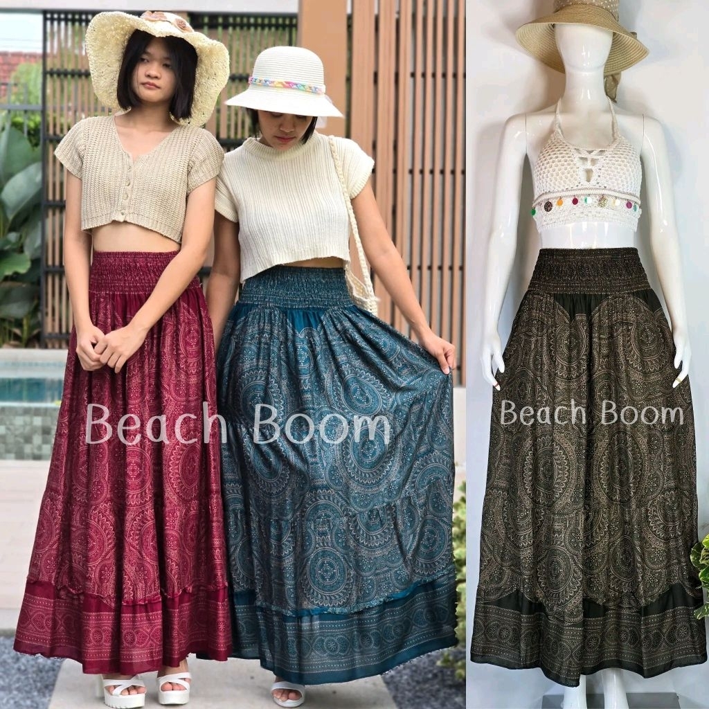 กระโปรงลายไทย S-XL ผ้าสปันนิ่่มเบาใส่สบาย เอวสูงเอวสม็อครอบเอว ( เอว 23-51 นิ้ว" สะโพก 62 นิ้ว"  ความยาวกระโปรง 38 นิ้ว)