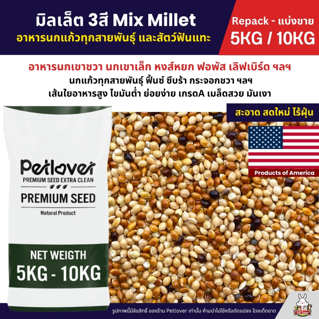 (5KG/10KG) มิลเล็ต 3สี Mix Millet เกรด A อาหารนกเขาเล็ก นกแก้ว และสัตว์ฟันแทะ ใหม่ สด สะอาด ร่อนฝุ่นทุกถุง