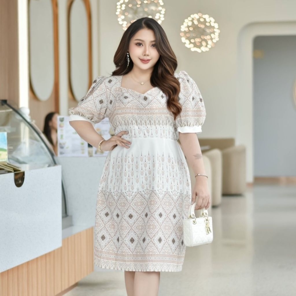 เดรสลายไทย อก42-60นิ้ว ไซส์ใหญ่ พิมพ์ลายไทย แขนตุ๊กตา ผ้าคลัช ยางยืดหลัง สีสวยมาก ชุดครู งานบุญ สาวอวบ MG25-0 - รูปที่ 7