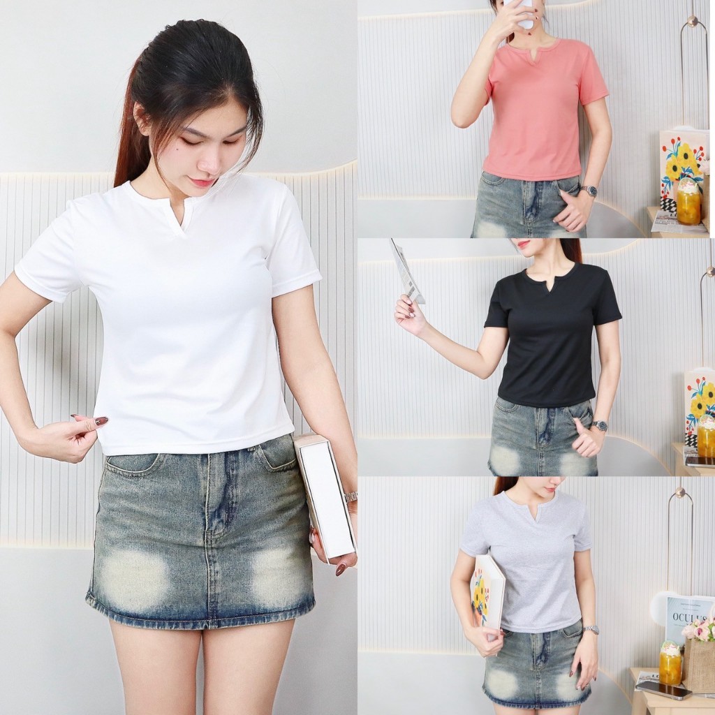 เสื้อยืดแฟชั่น คอวี แขนสั้น สีพื้น M-2XL ผ้าคอตตอนผสม เนื้อผ้านิ่ม สวมใส่สบาย แมทช์ง่าย  t246#