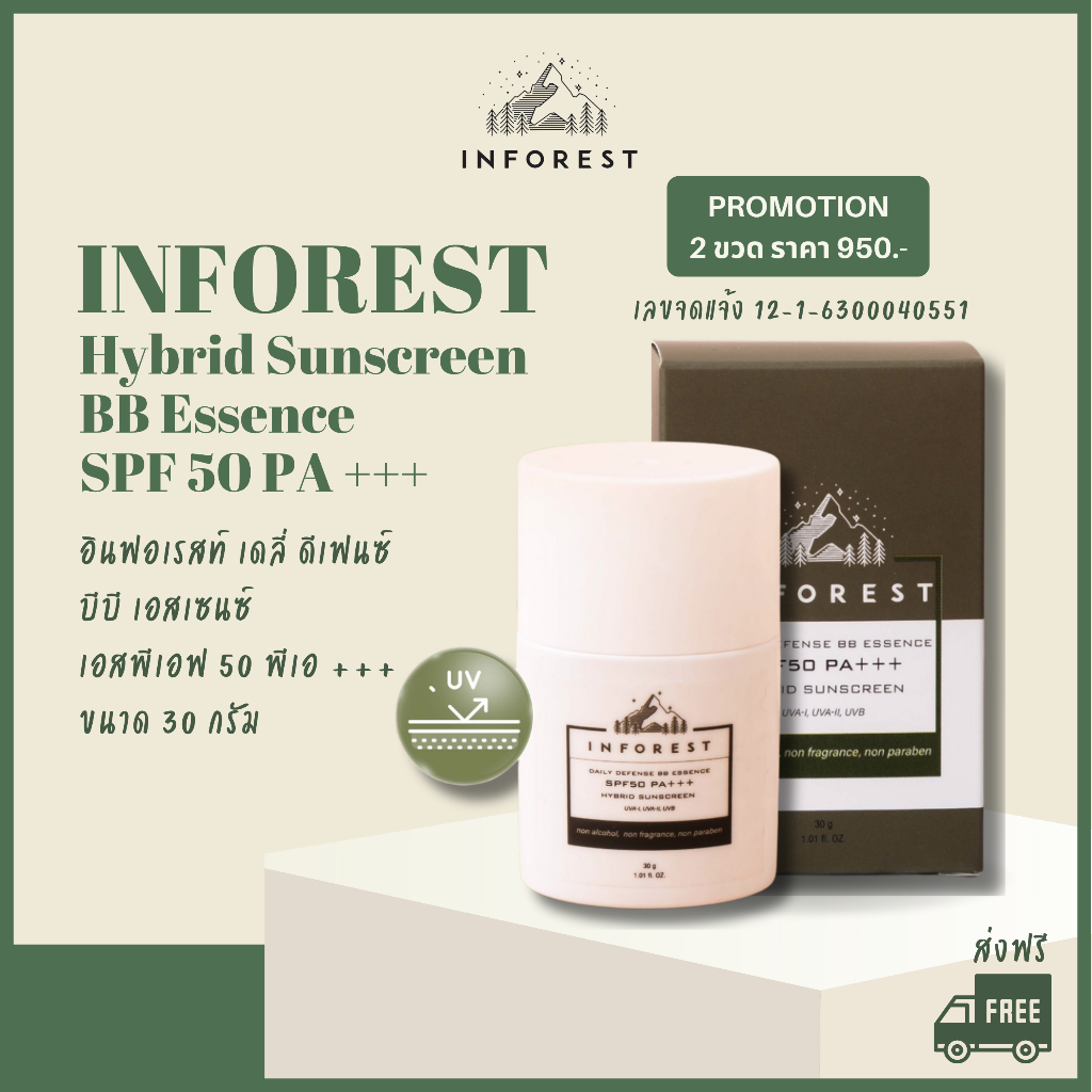 [โค้ดคุ้ม+ส่งฟรี] กันแดด Inforest Spf50 PA+++ Hybrid Sunscreen แบรนด์ Inforest ของแท้ 100%