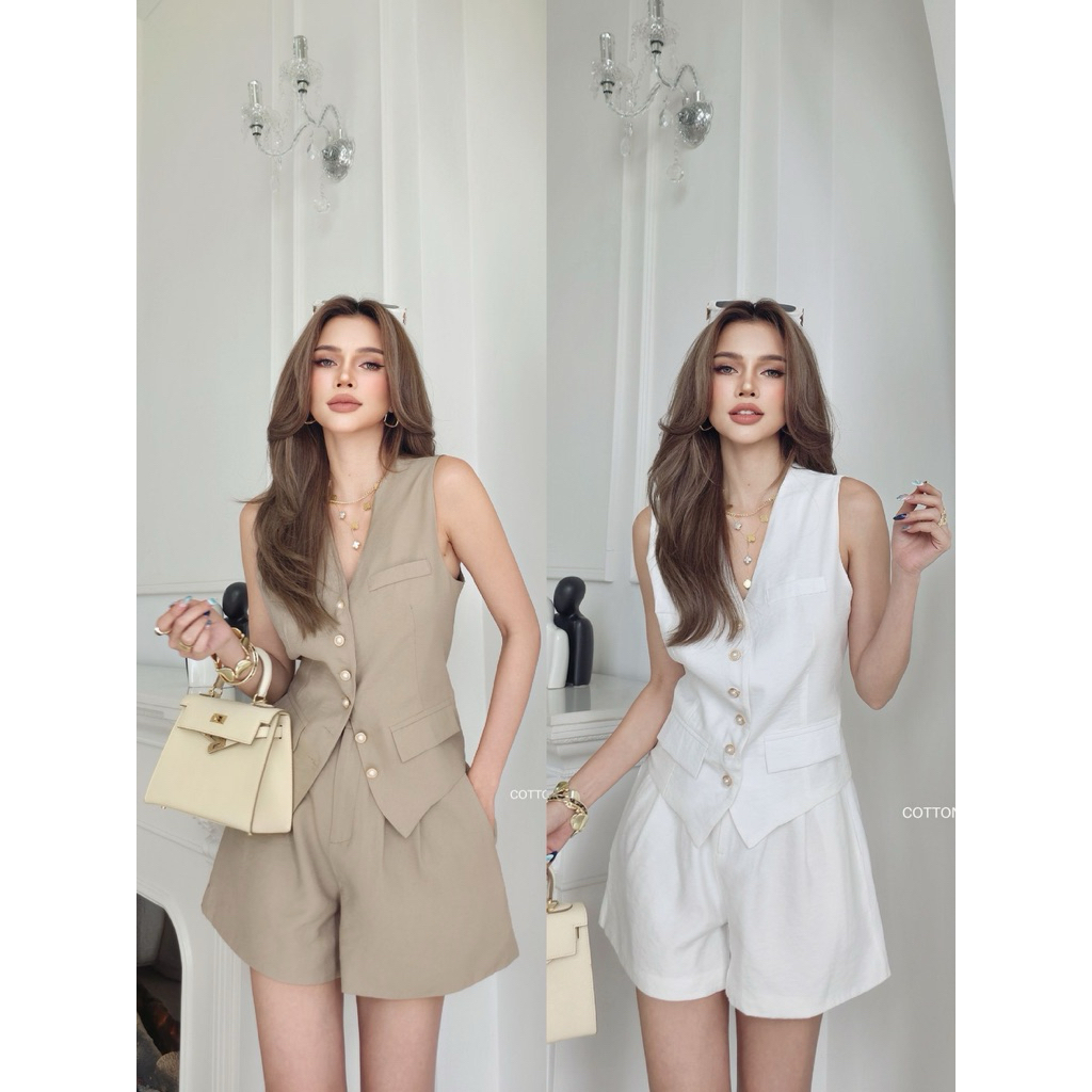 Dream vintage​ set ชุดเซ็ตสวยสุดๆ ผ้าสวยใส่สบาย งานเนี๊ยบ ตัวเสื้อเย็บซับในสไตล์เบลเซอร์สูท​ กระดุมนำเข้า
