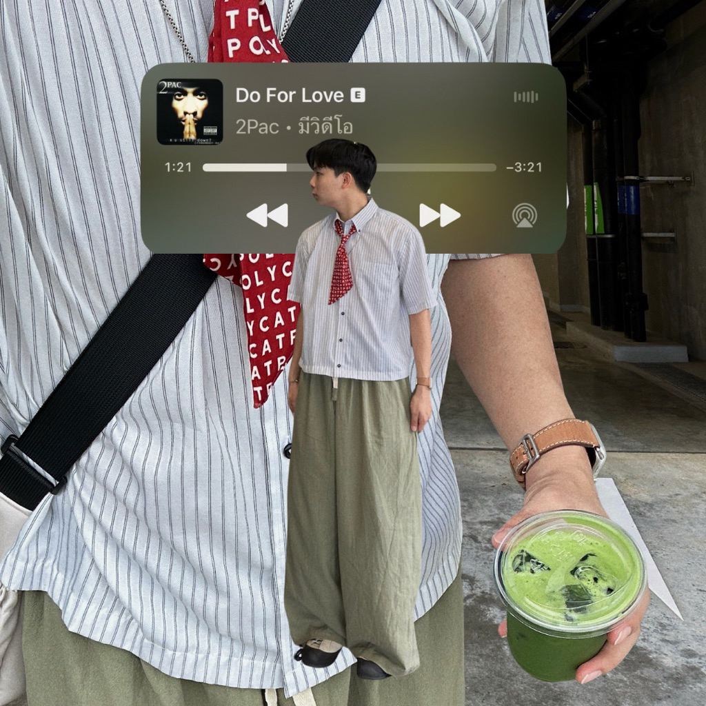 fitment กางเกงโอเวอร์ไซส์ ทรงใหญ่ ฟรีไซส์ สีมัชฉะลาเต้