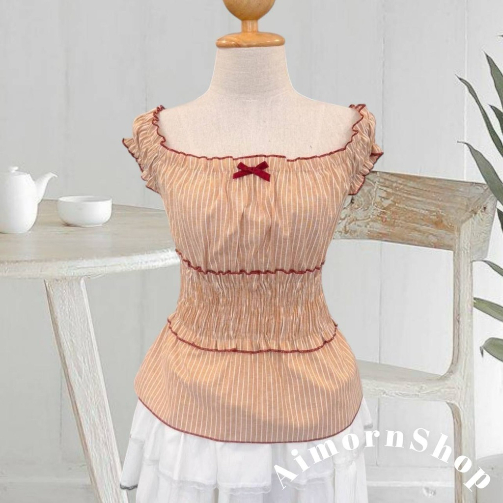 🔥aimorn_shop🔥เสื้อสม็อคช่วงเอว แขนตุ๊กตา ใส่ปาดไหล่ได้ ลายริ้วชิคๆ สีหวานละมุนมาก - รูปที่ 4