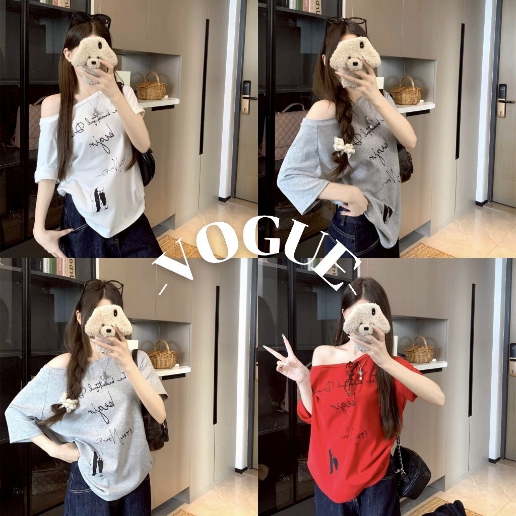 Vogue🌟พร้อมส่ง🌟 เสื้อเปิดไหล่ แขนสั้น สีพื้น ใส่สบาย สกีนตัวอักษร (FYP33)