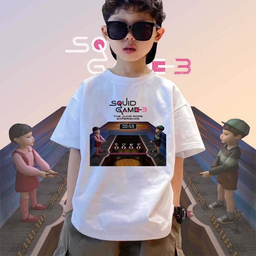 เสื้อยืดเด็กเกี่ยวกับ 'Squid Game 3' เสื้อผ้าฝ้ายสำหรับเด็กสีสันเสื้อ 100-150 ซม
