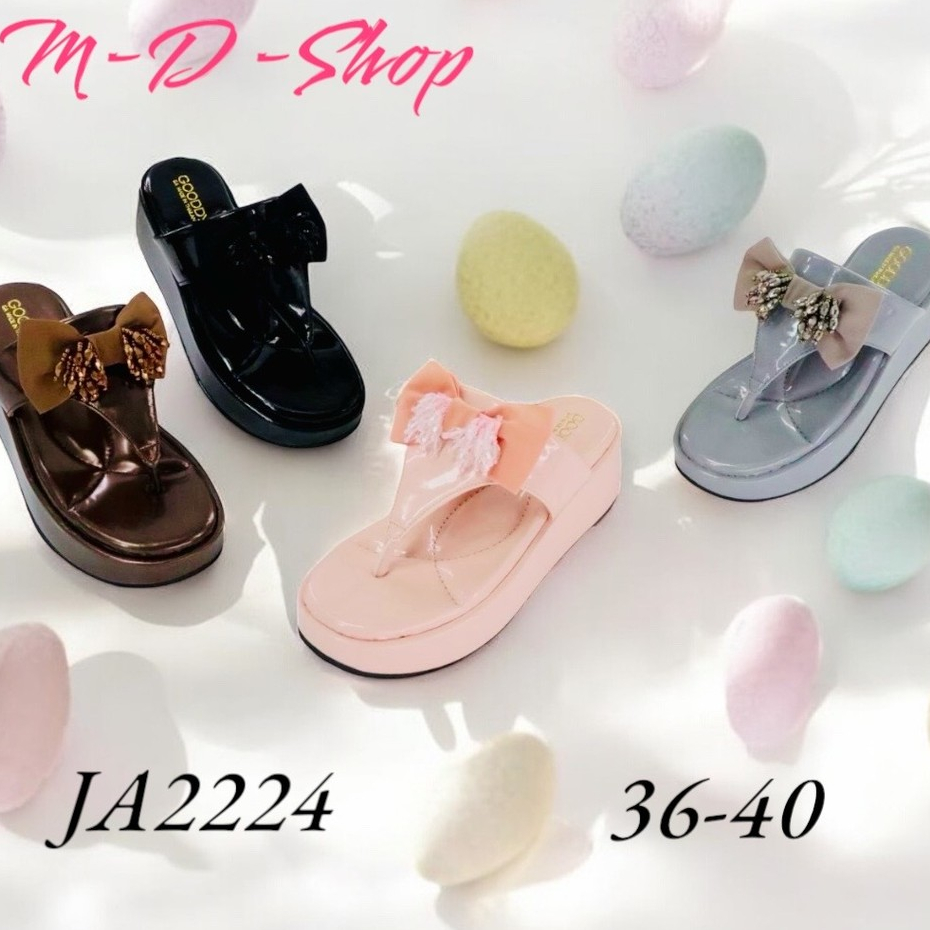 รองเท้า ส้นตึกพื้นนุ่ม Gooddy ทรงหนีบหน้าโบว์ พื้นสูง 2 นิ้ว  (บวกเพิ่ม 1 ไซร้)