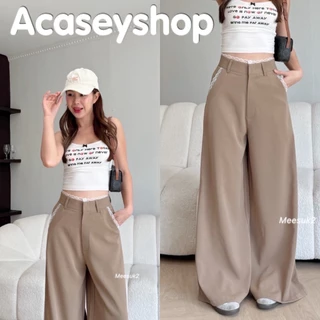Acasey กางเกงขายาวผู้หญิง ขากระบอกใหญ่ ขาบาน แต่งเอวลูกไม้ ผ้าลิลลี่ ใส่สบาย ไซส์ S - XL