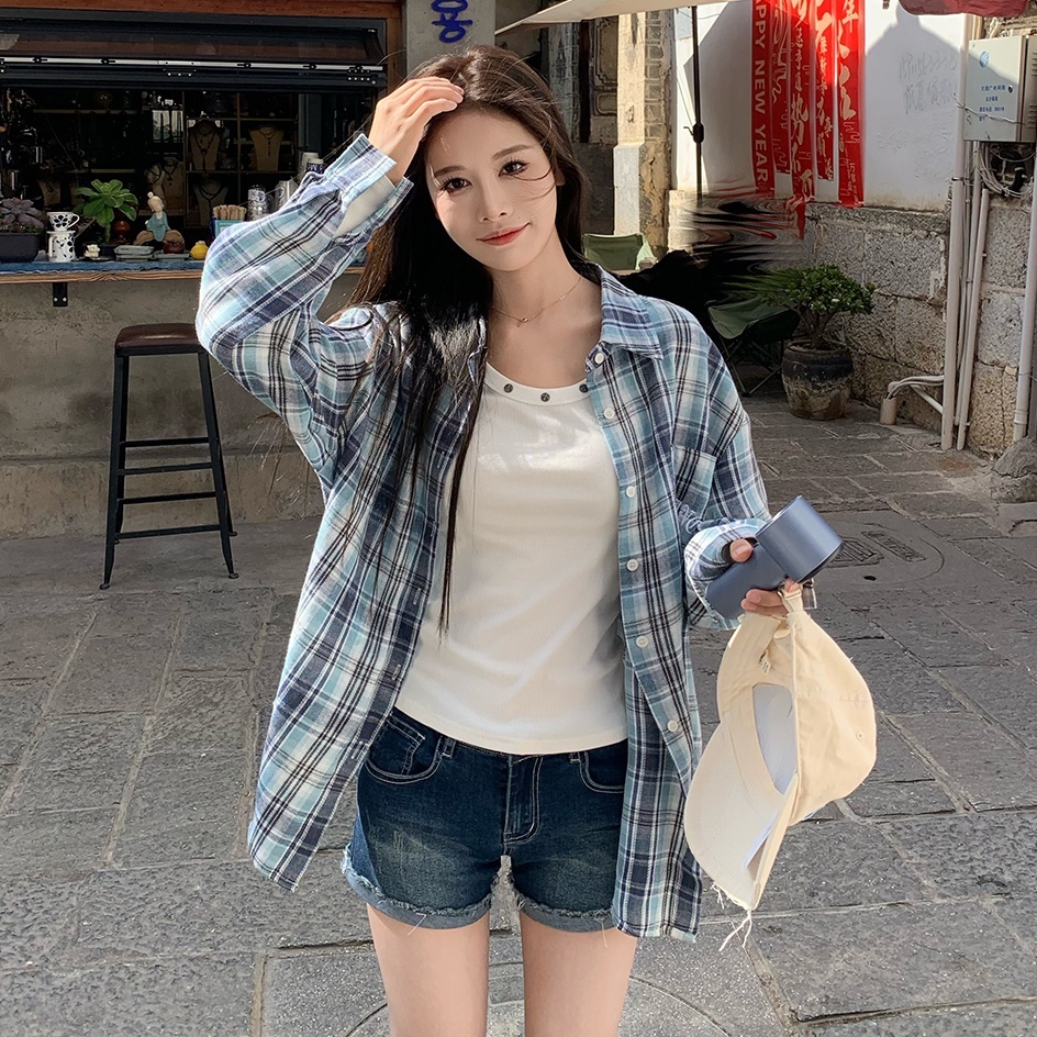 [LININ] เสื้อเชิ้ตแขนยาว ผ้าชีฟอง ลายสก๊อต กันแดด ทรงหลวม สําหรับผู้หญิง