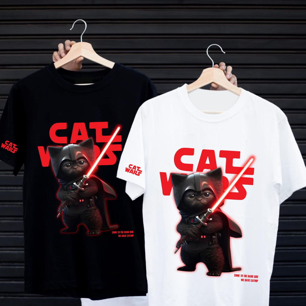 เสื้อยืดสกรีนลาย " CAT WARS MEOW VADER " เสื้อยืดผ้า MICRO POLYESTER 100% เสื้อยืดผ้าไมโครโพลีเอสเตอร์ 100%