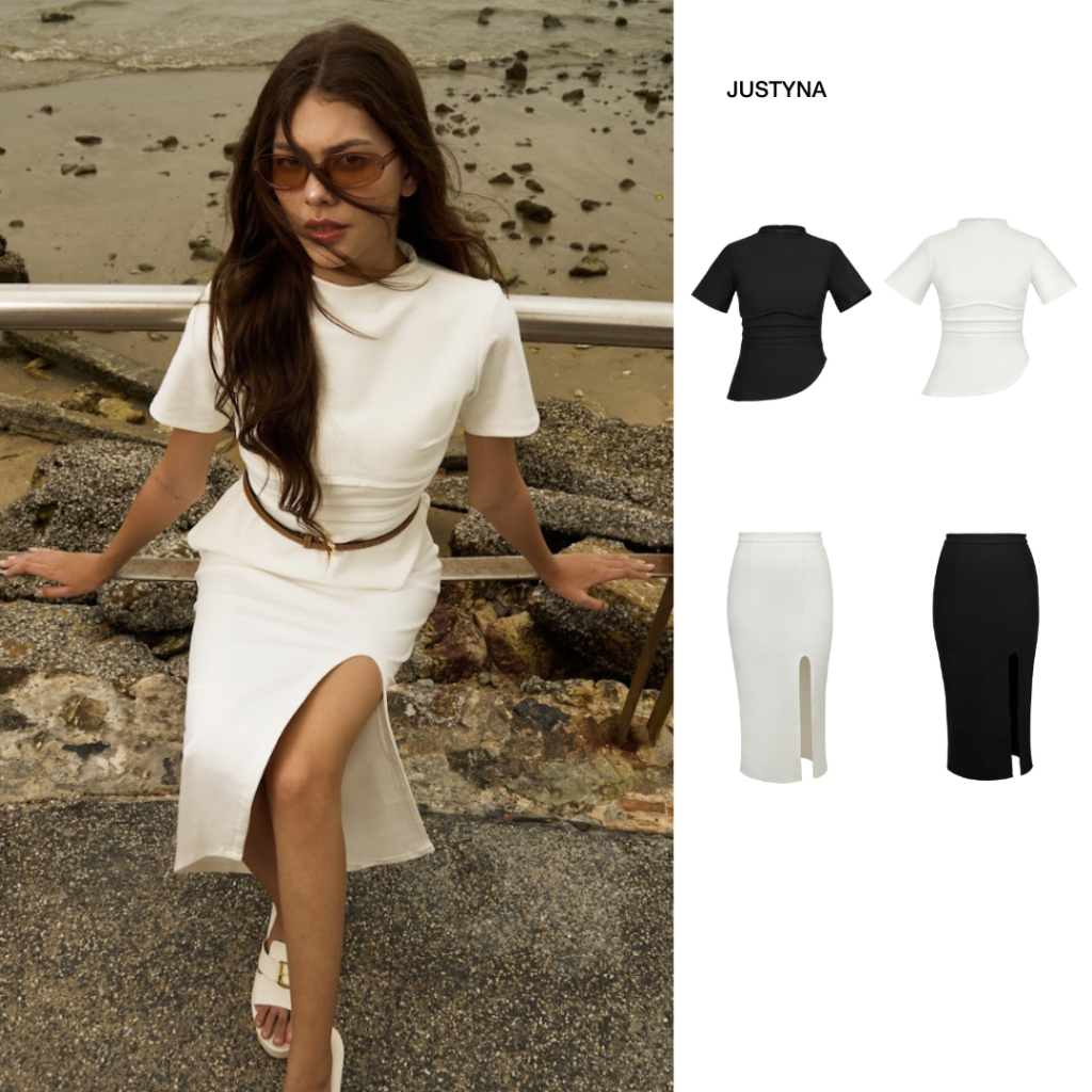 PETCHPLOY - Justyna เสื้อคอกลมจับจีนย่นช่วงเอว ชายเสื้อแบบเฉียง ทำให้ช่วงบนดูตัวยาว กระโปรงทรงเอ ผ่าหน้าโค้ง เก็บทรง ทำ