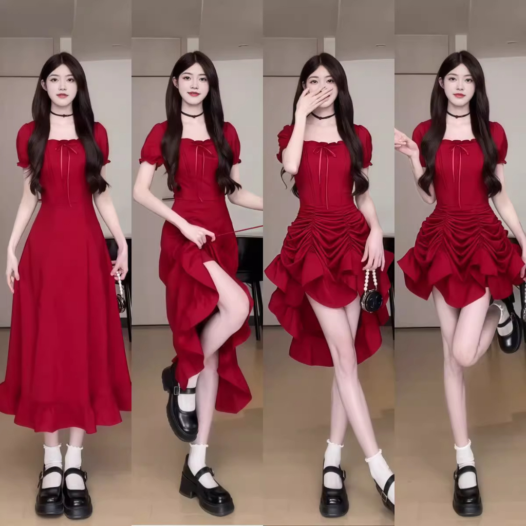 แต่งตัว สีแดง ชุดกระโปรงยาว แขนสั้น กระโปรง (4 วิธีการสวมใส่)