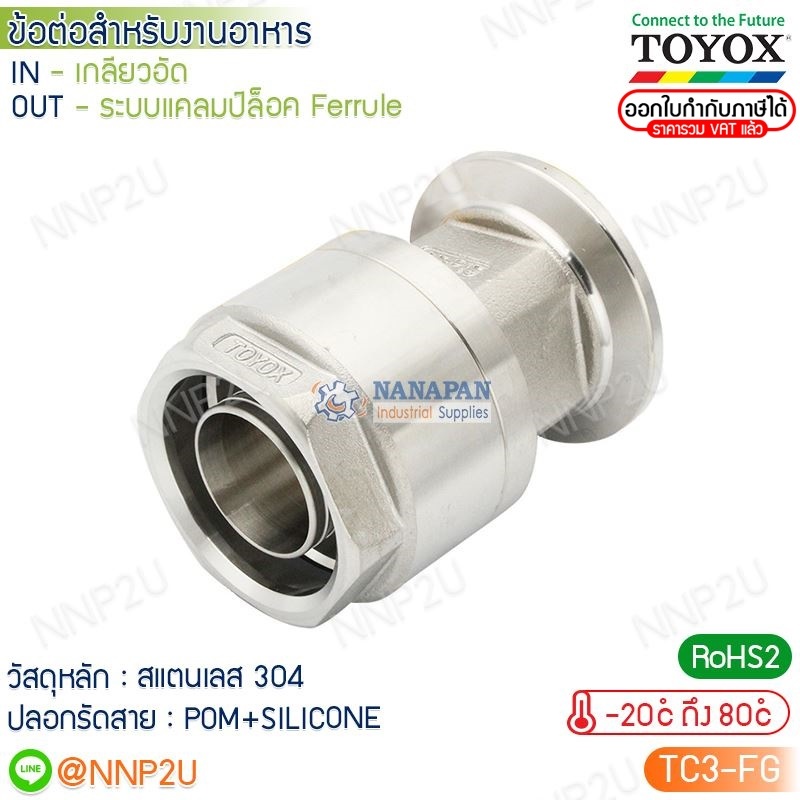 TOYOX ข้อต่อสําเร็จรูปสําหรับงานอาหาร TC3-FG เฟอร์รูล ข้อต่อสแตนเลส TOYOXCONNECTOR