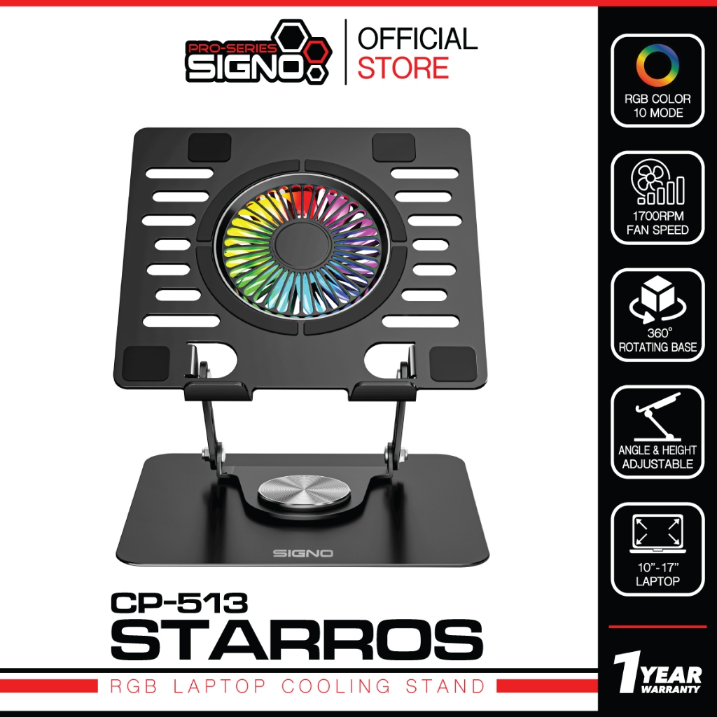 SIGNO CP-513 พัดลมระบายความร้อนโน๊ตบุ๊ค Notebook Cooling Pad 1 ใบพัดขนาดใหญ่ ไฟ RGB ปรับระดับได้ มีพอร์ต USB